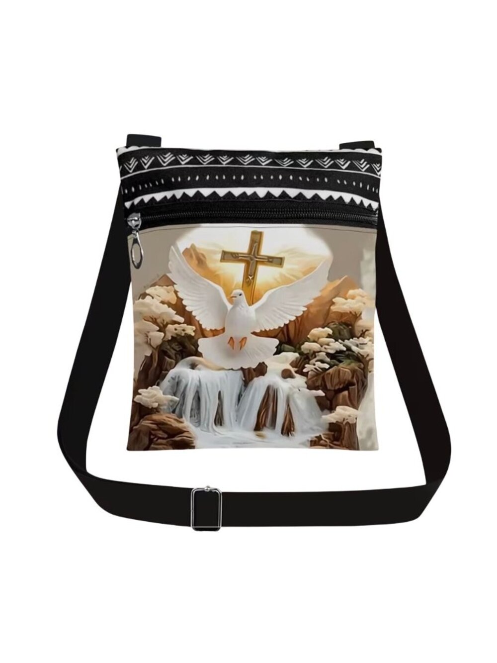 Stylish Crossbody Phone Bag With Dove & Cross Design Double Pocket 9.44"x7.87"